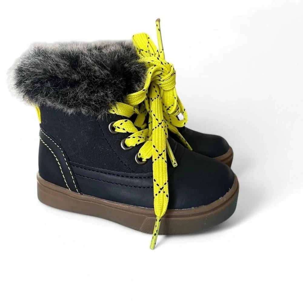Cat &jack navy blue Kevin winter ankle boots Bright Yellow Laces and Faux Fur